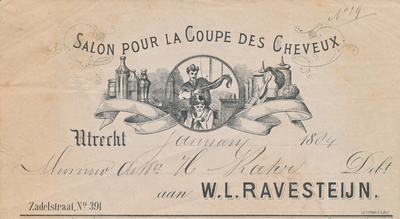 711885 Kop van een nota van W.L. Ravesteijn, Salon pour la Coupe des Cheveux, Zadelstraat [E] 391 te Utrecht, voor een ...